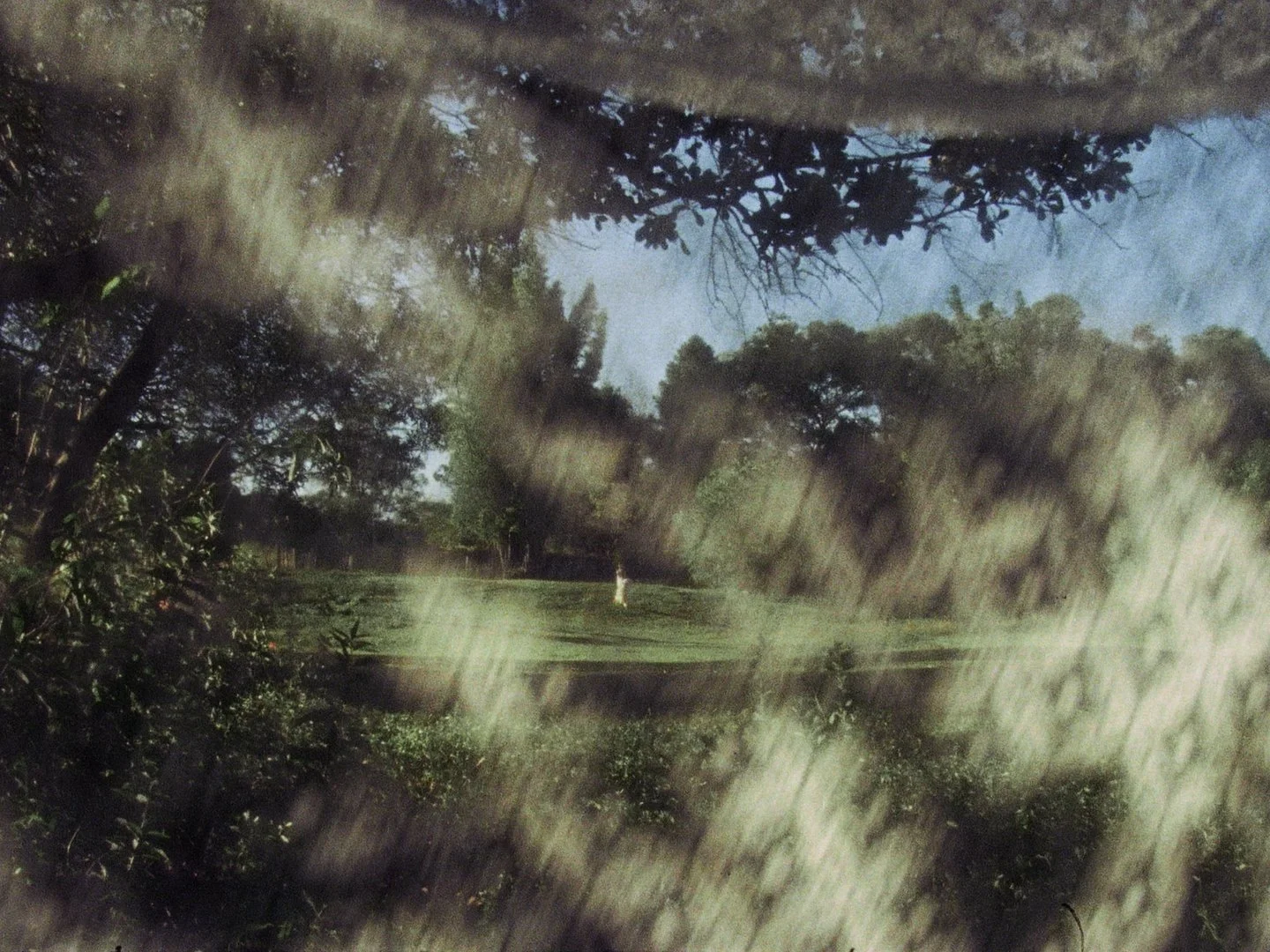 A woman standing alone in a distant field with fabric partially covering the lens