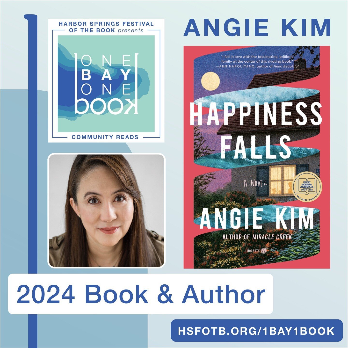 Join us for two events with the 2024 One Bay, One Book Community Reads Author, @AngieKimAsk featuring &quot;Happiness Falls&quot;. The first event is a Book Group Discussion, Thursday, May 2, 7 p.m. at the Little Traverse Bay Bands of Odawa Indians G