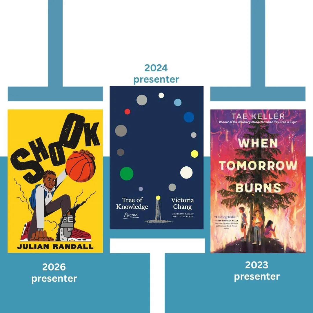 Our congratulations go out to our 2026 Middle Grade presenter, Julian Randall (SHOOK); 2024 Poetry presenter, Victoria Chang (Tree of Knowledge); and 2023 Middle Grade presenter, Tae Keller (When Tomorrow Burns). On October 6, these three Harbor Spri
