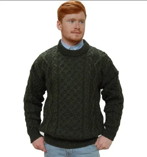 Aran Crew Sweater in Loden Green by Kerry Wollen Mills - M and XL 