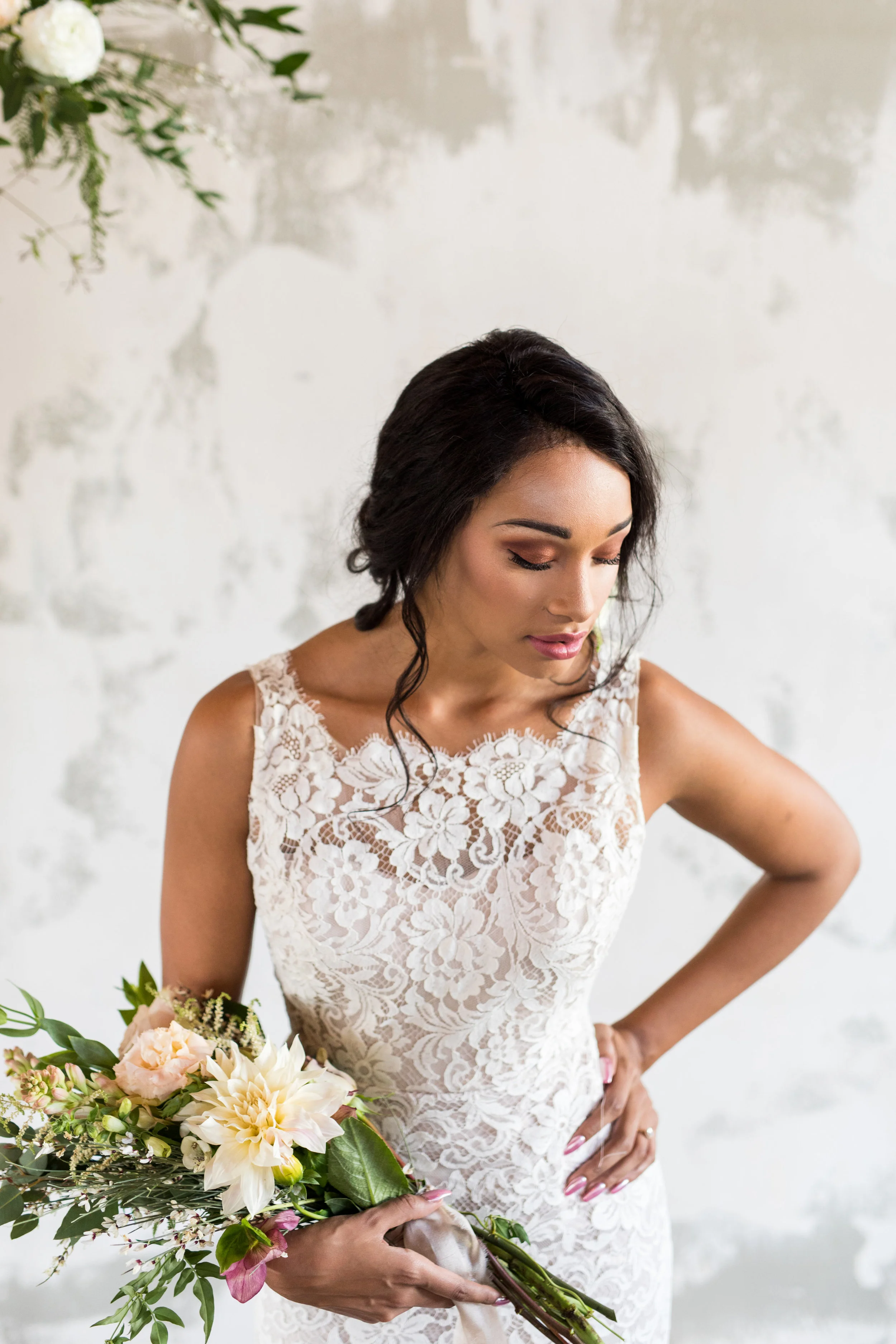 French Lace Wedding Gown with Portrait Neckline Sheath Flare