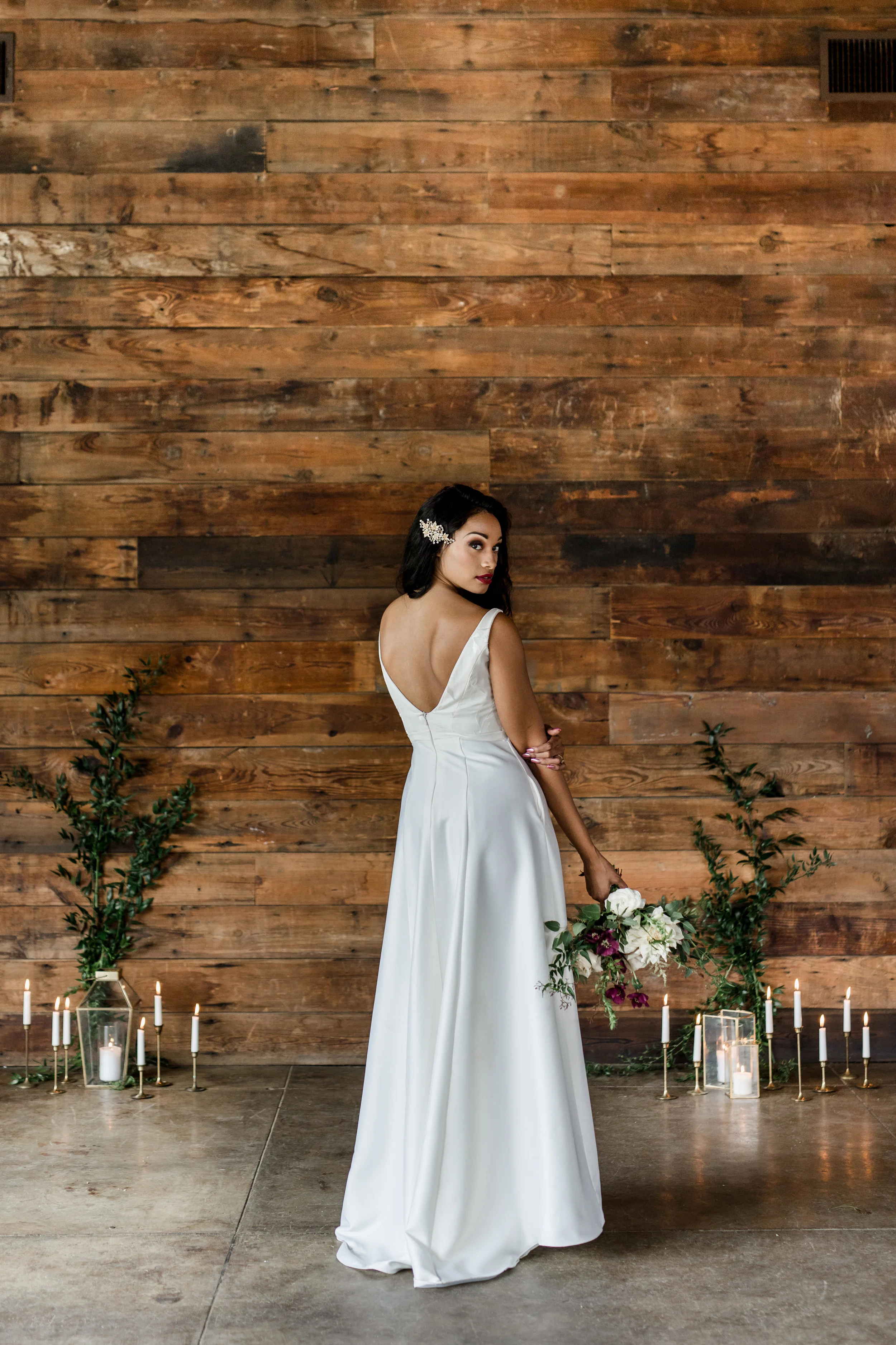 Silk Floral Wedding Gown with Portrait Neckline and A-line skirt with pockets