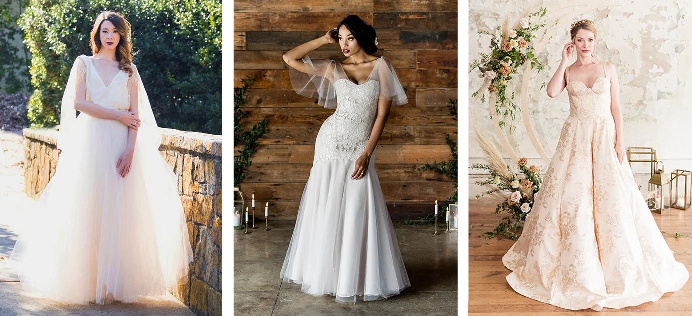 Evolution of Moonlight and Moss- first dress sample, Sylvia gown from first collection, Minette gown from latest collection