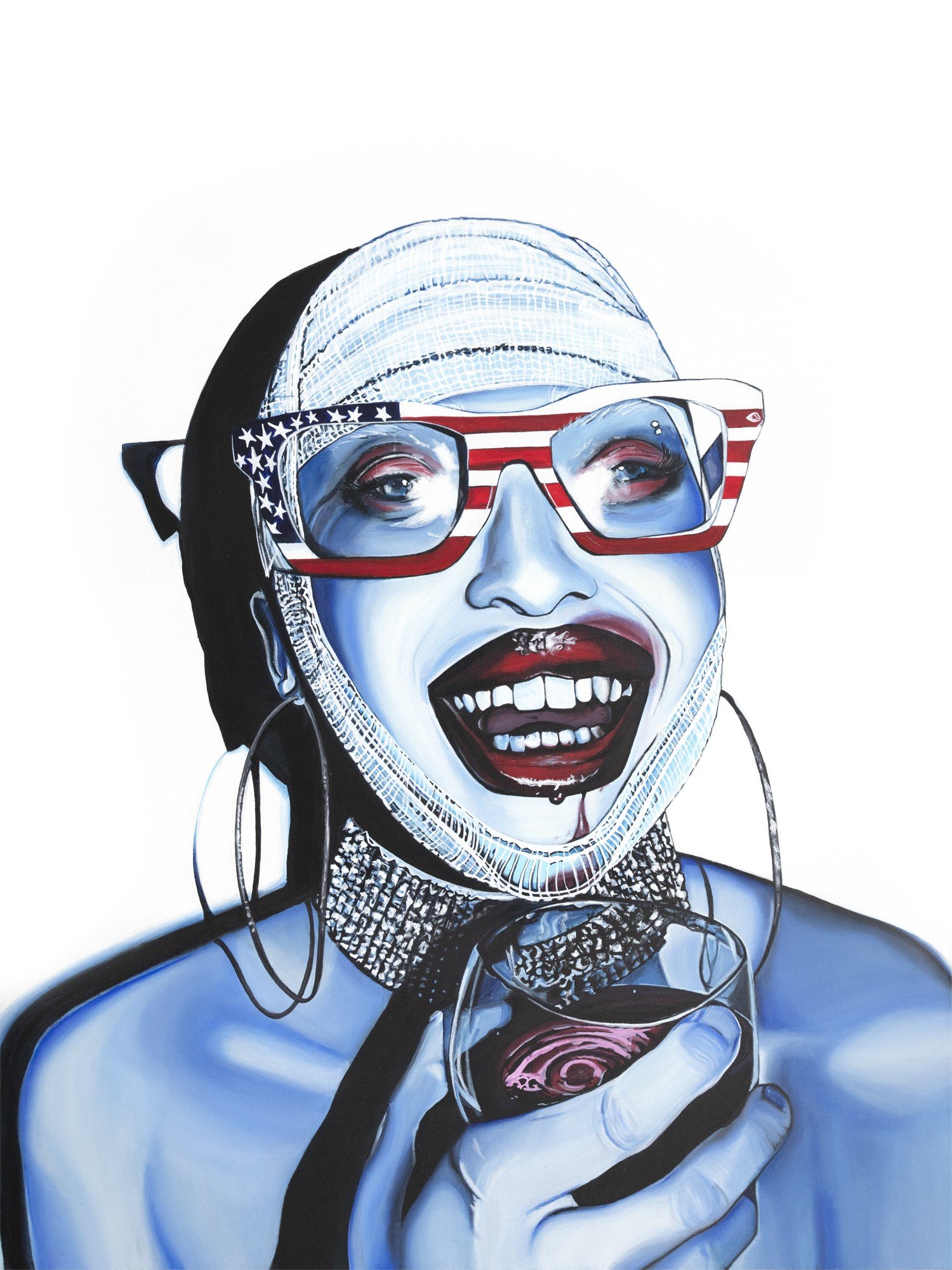 "Merica by Jenna Louise: Bandaged figure with American flag glasses, red lips, and wine. Themes of patriotism and resilience." (Copy)