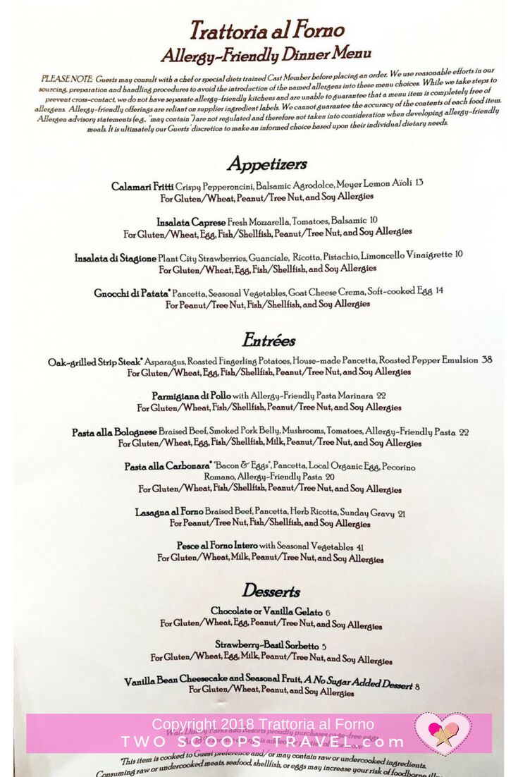 Trattoria al Forno Allergy Friendly (gluten free, dairy free, nut, soy allergy menu)