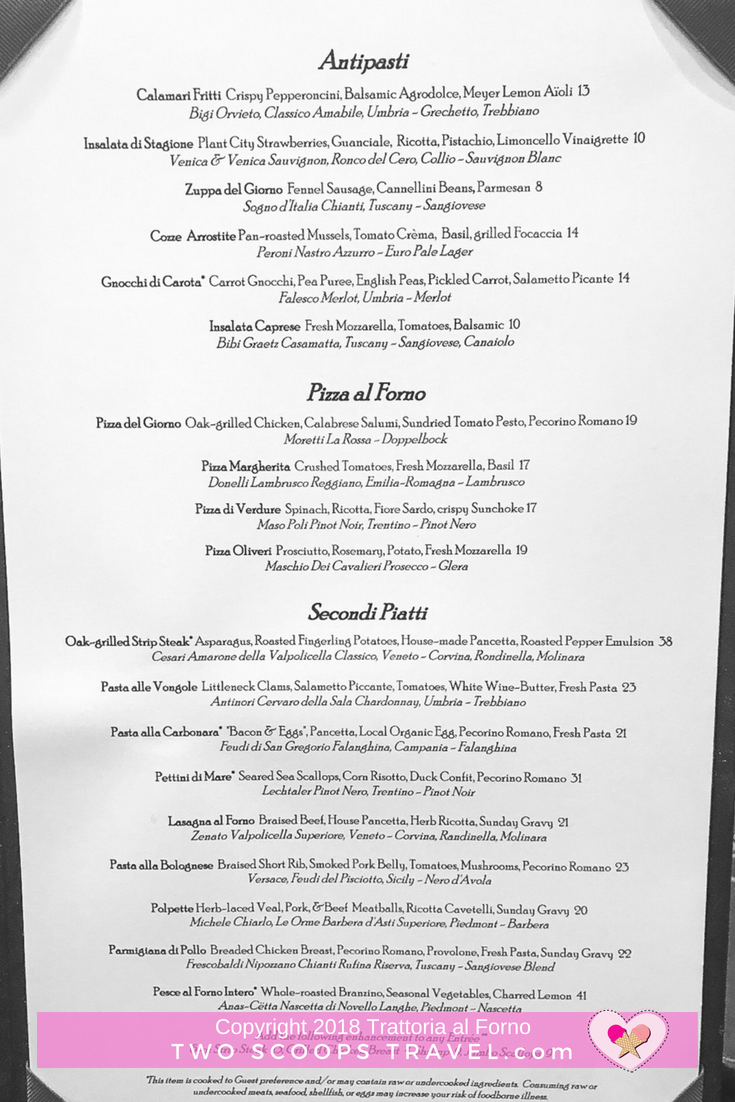 Trattoria al Forno Dinner Menu