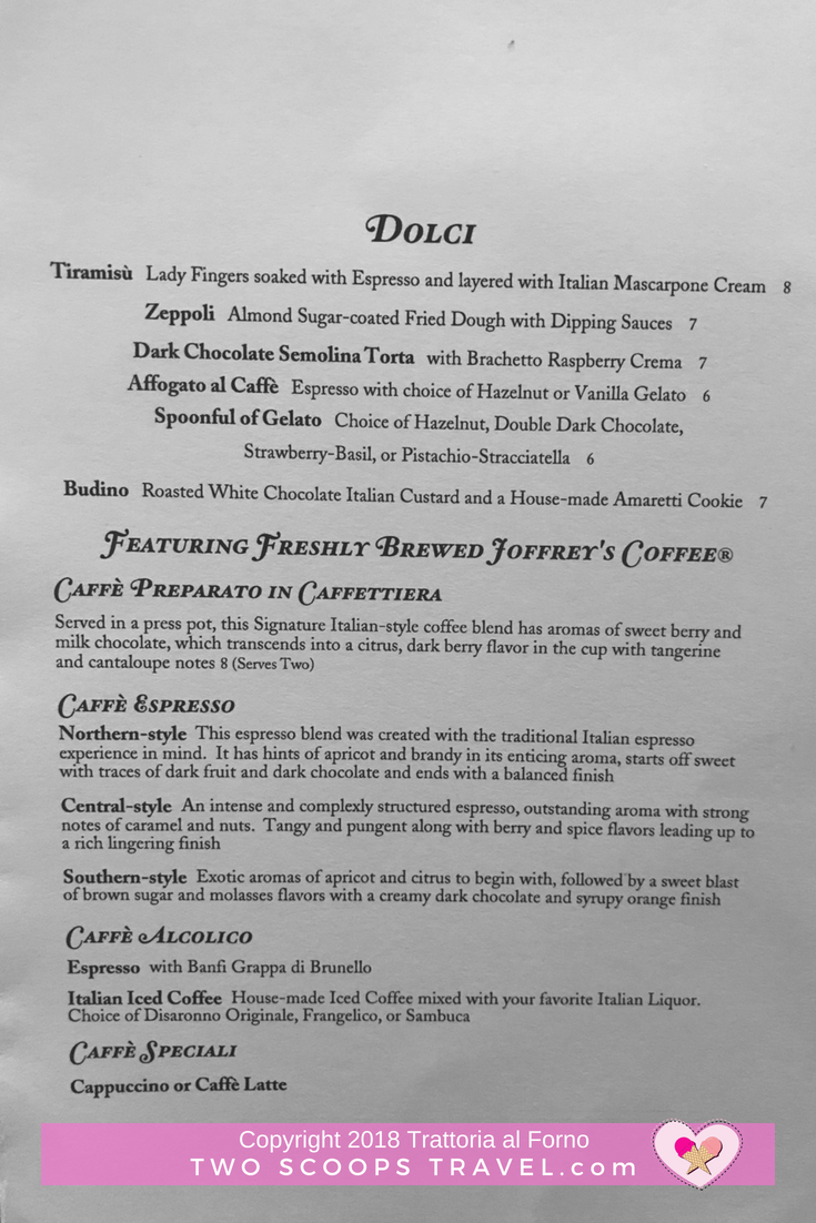Trattoria al Forno Dessert Menu