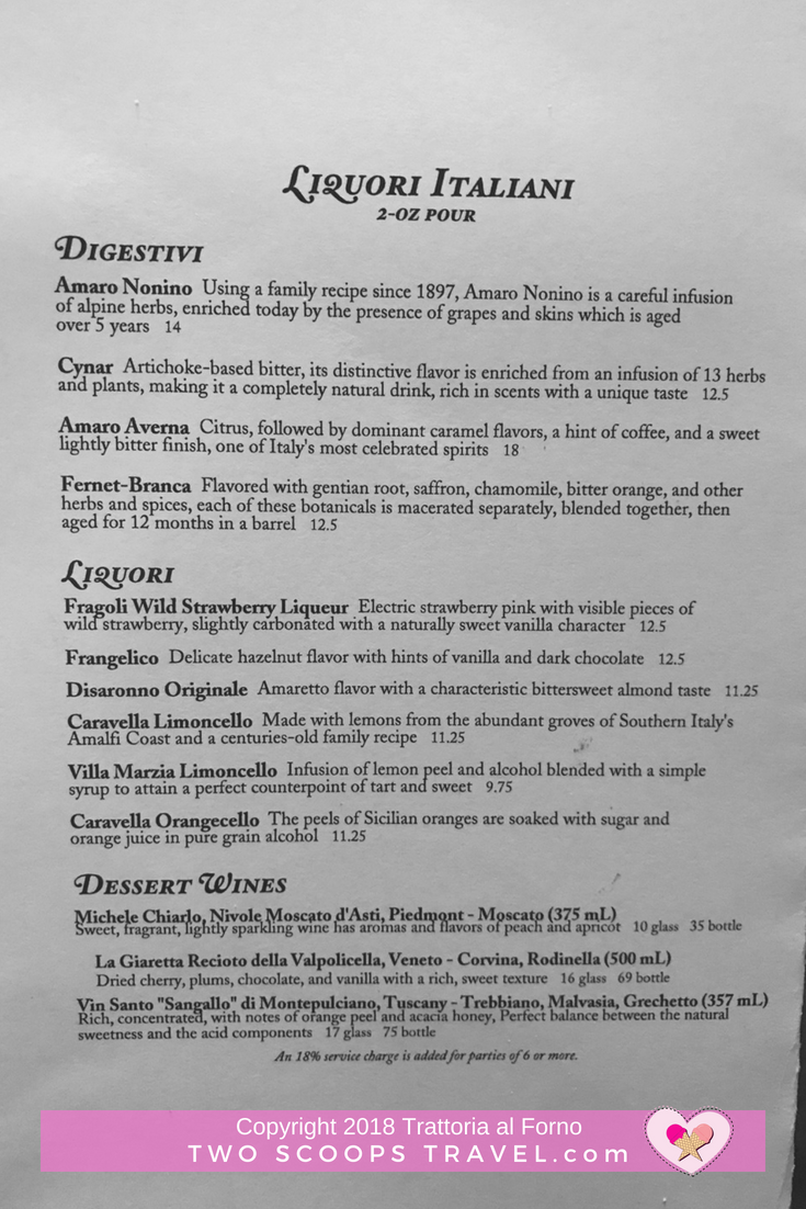Trattoria al Forno Dessert Drink menu