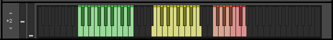 Green keys play the various bass drum type samples, yellow plays snare sounds, and the red keys play hi-hat type sounds and assorted auxiliary percussion.