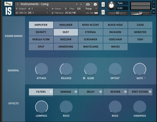 Long Instruments patch and the variety of sound banks included.