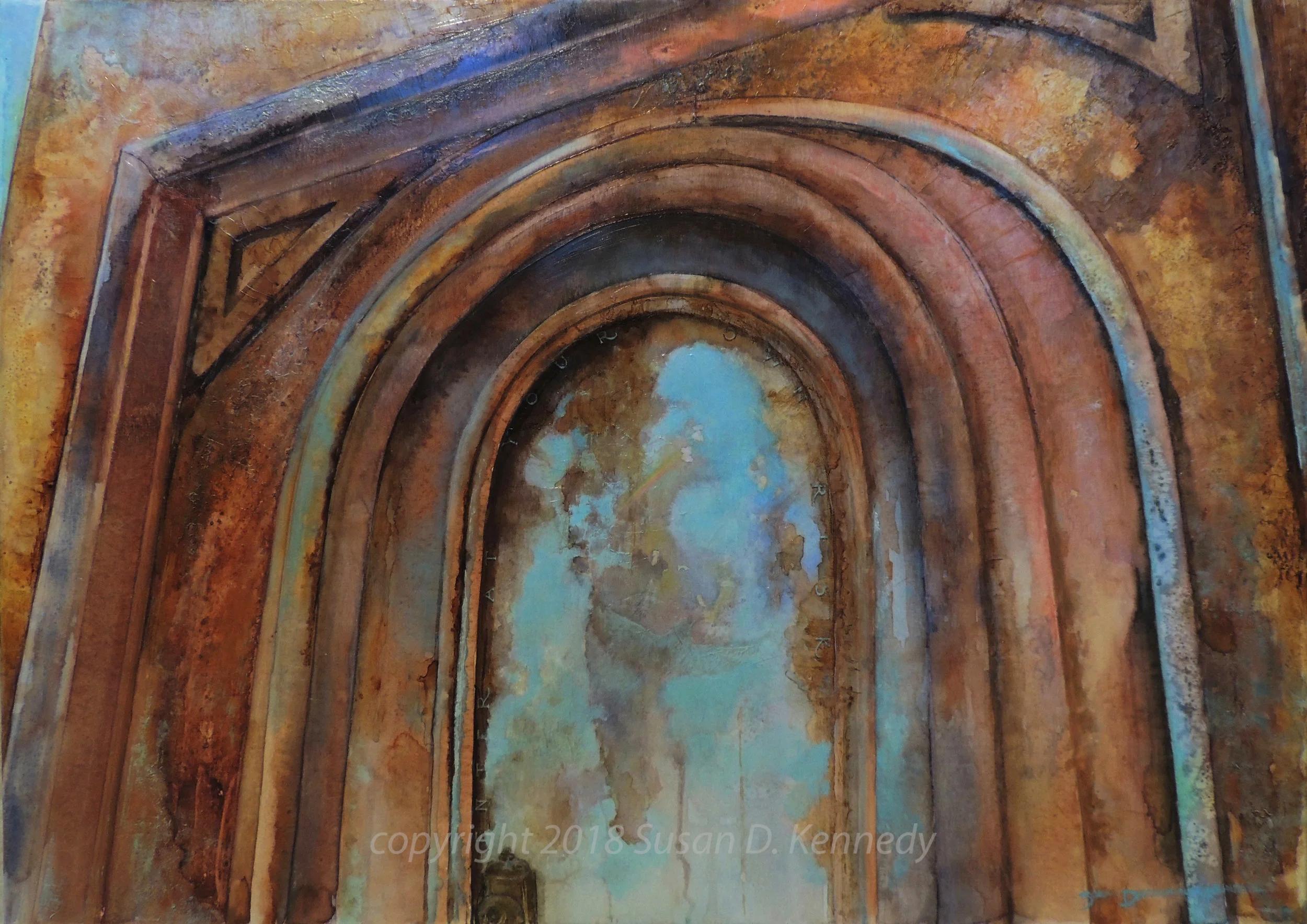  This is one I finished last year. It features a door which I first saw in an architectural salvage place in Mississippi...it seemed like a metaphor for something, so I had to paint it! Here is to doorways, change and new adventures! May we not dread