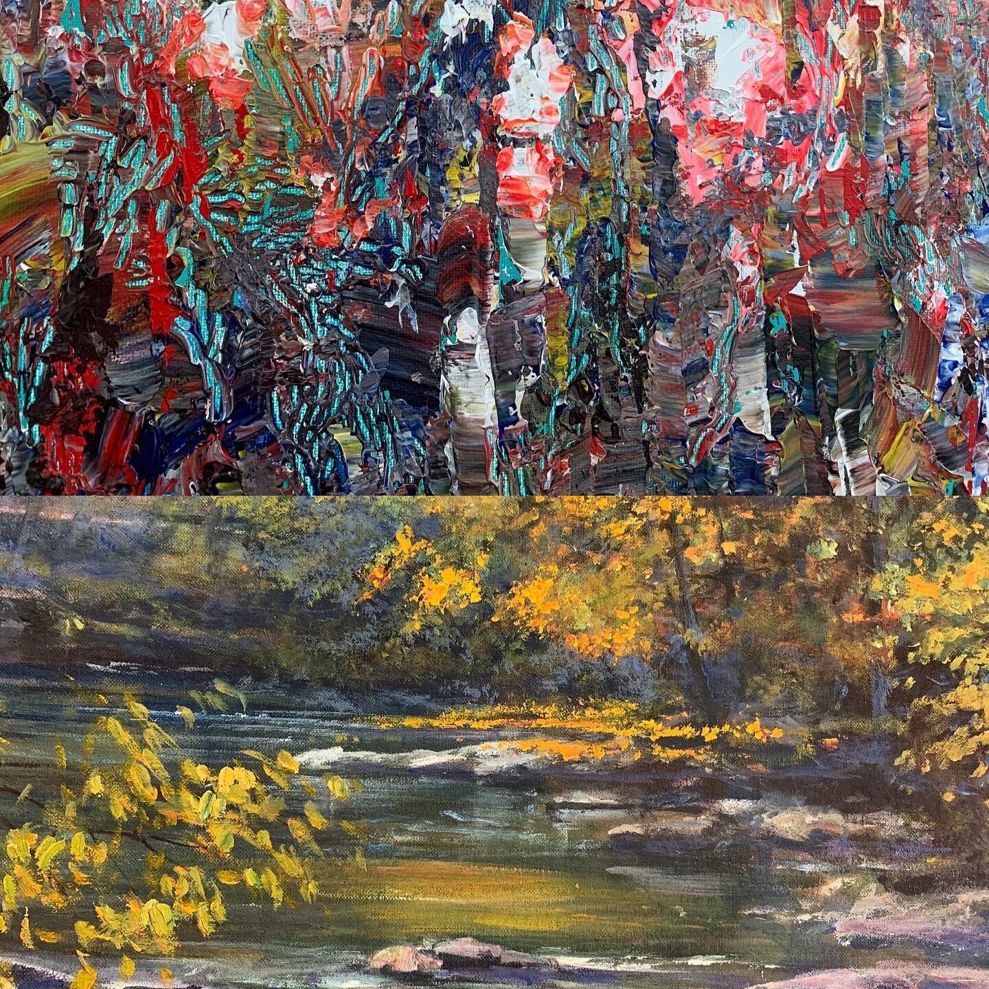 Working on both this abstract and this mountain stream today #abstractpainting #painting #artwork #artistsoninstagram #landscapepainting #susankennedyartist