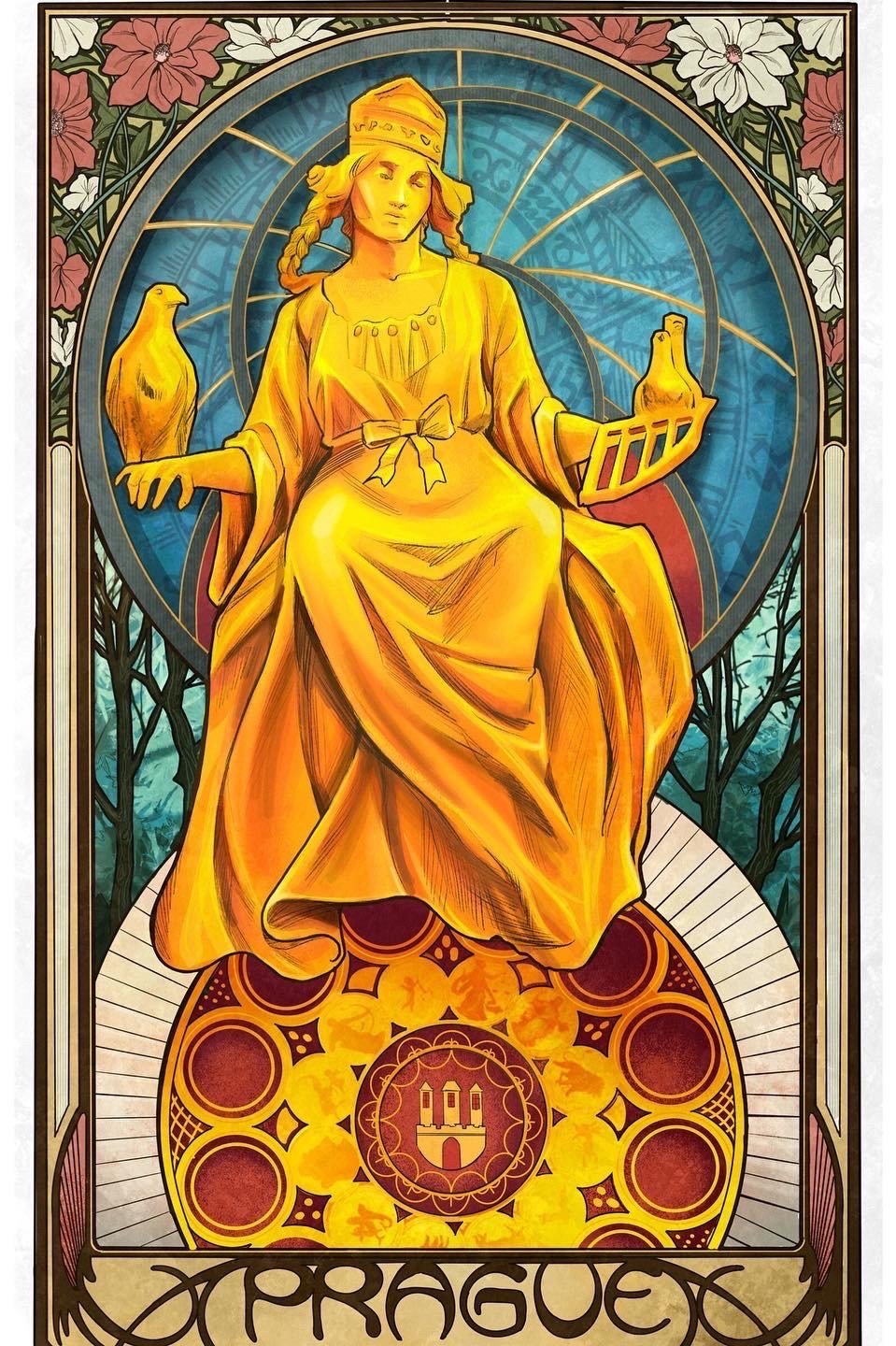 Stained glass window of a seated woman holding a book and with a bird on each side, surrounded by a floral border, colorful and ornate design.