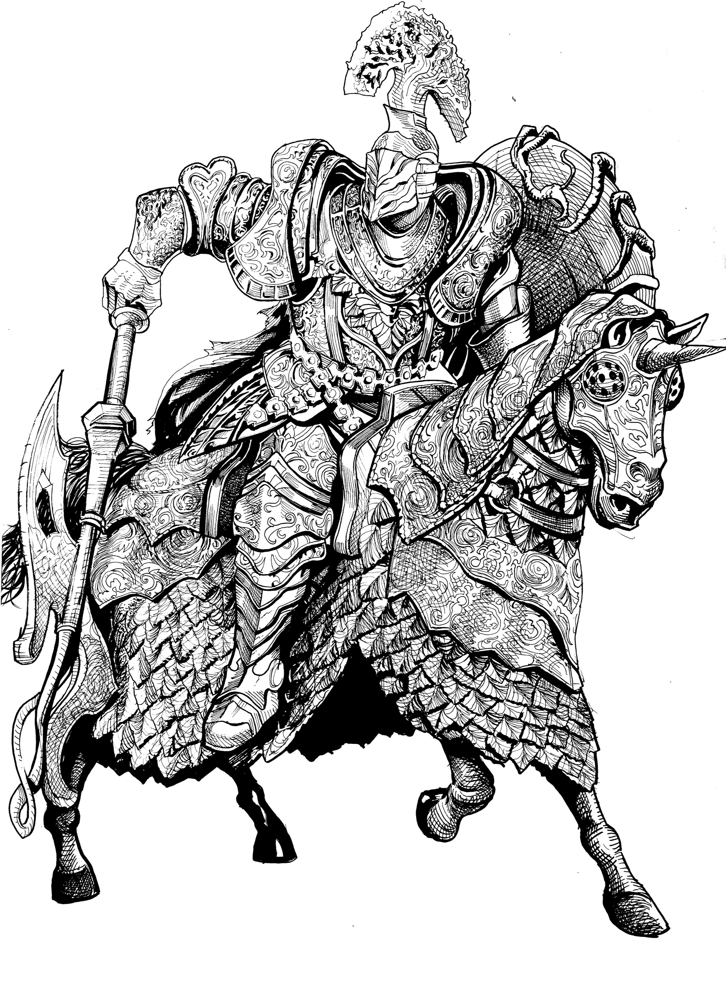 A black and white detailed illustration of a knight in armor riding a horse, both with intricate patterns and designs.