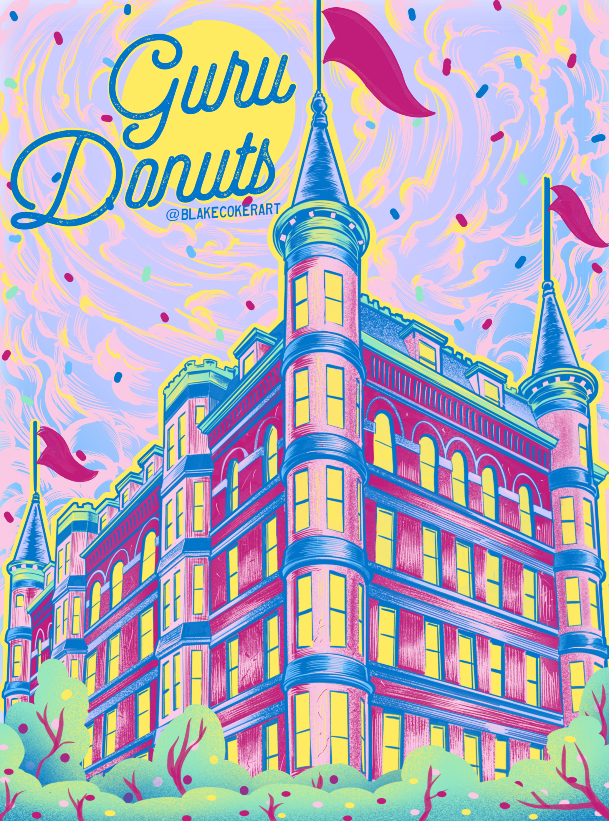 Colorful illustration of a tall, castle-like building with turrets, yellow windows, surrounded by green bushes, pink flags, and a swirling pastel sky with confetti.
