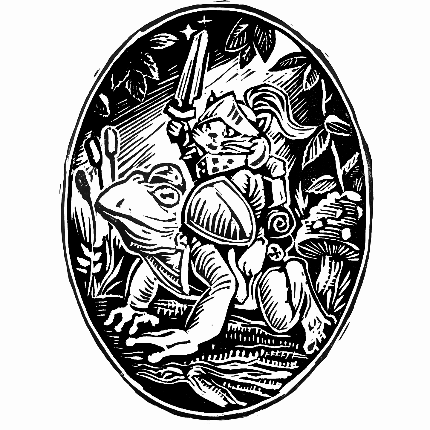 Black and white illustration of a knight on a horse holding a sword aloft, surrounded by forest elements including mushrooms, leaves, and a large frog.