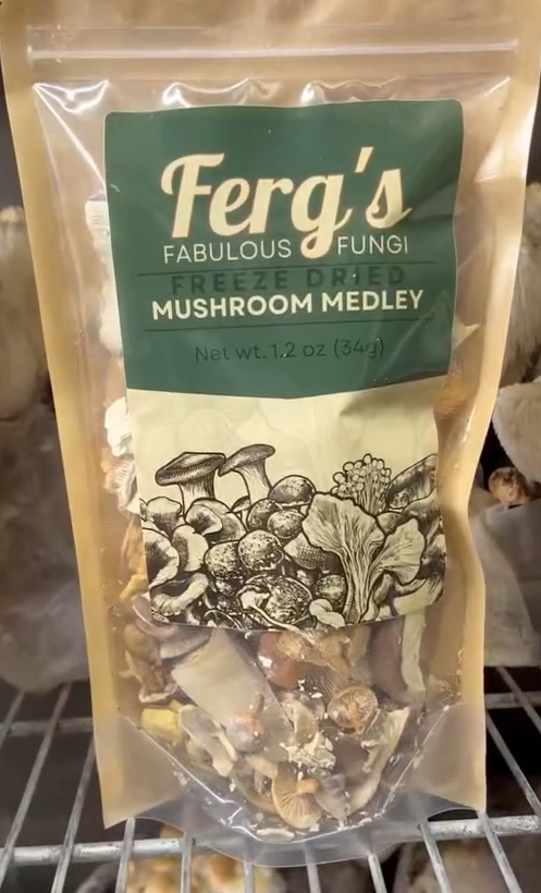 Frozen mushroom medley in a resealable plastic bag labeled 'Ferg's Fabulous Fungi.'