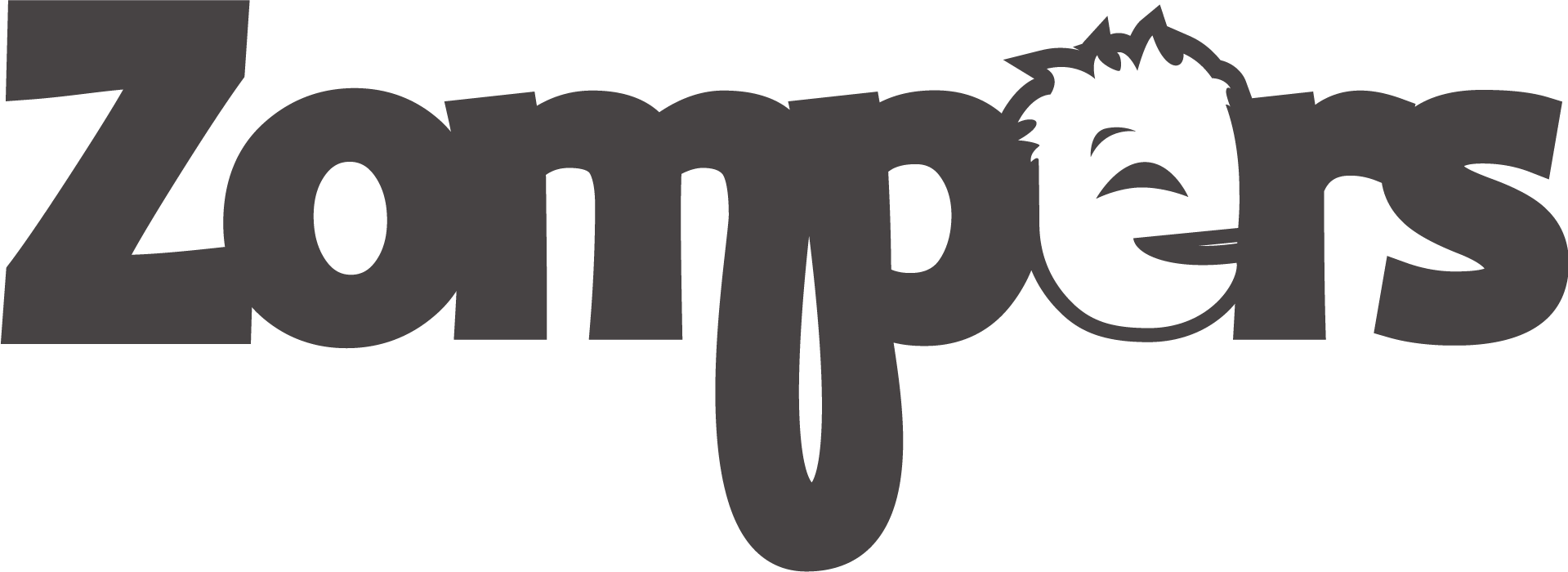 Black and gray Zompers logo with stylized text and a zombie face illustration in place of the letter 'p'.