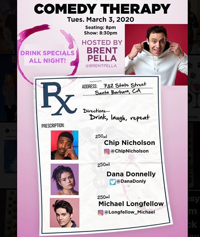 TONIGHT! Everyone’s favorite free comedy show in SB returns with our host @brentpella! Early arrival is suggested as we have limited seating inside the bar, we will be doing DRINK SPECIALS starting at 8pm and lasting till the show ends: $5 Coff