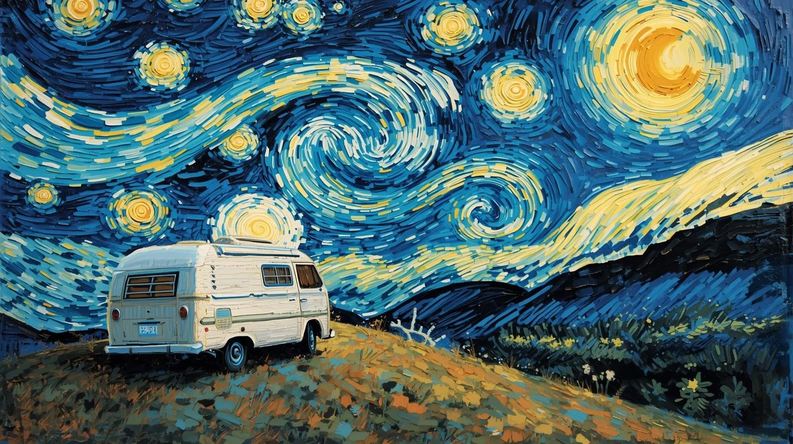 The Starry night Vangough painting with a white travel van.jpg