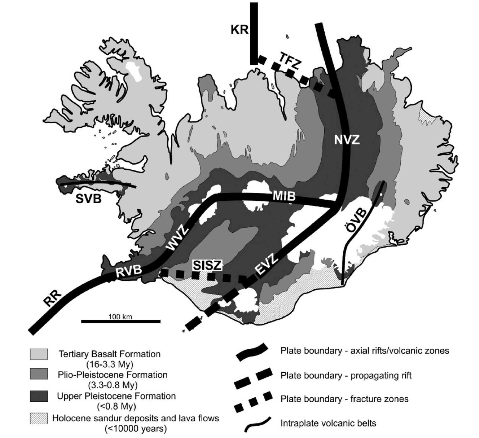 Major crustal boundaries in Iceland. Note the Tjornes Fracture Zone (TFZ) offshore to the north of the north-south orientated Eyjafjordur. North-south oriented faults in Eyjafjordur may be the hosts of hydrothermal reservoirs. Source: Thordarson and Larsen (2010).