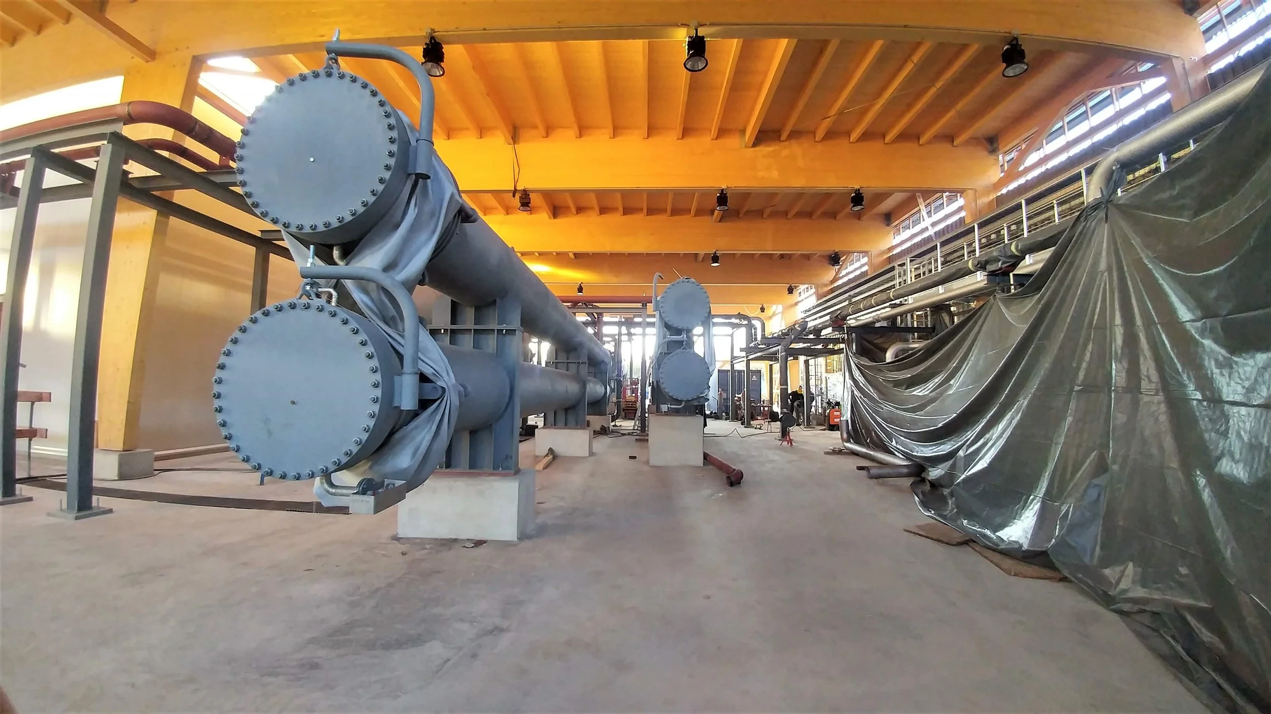 Heat exchangers in the geothermal power plant at Holzkirchen. Heat from the geothermal fluid is transferred to a working fluid that drives the turbine.