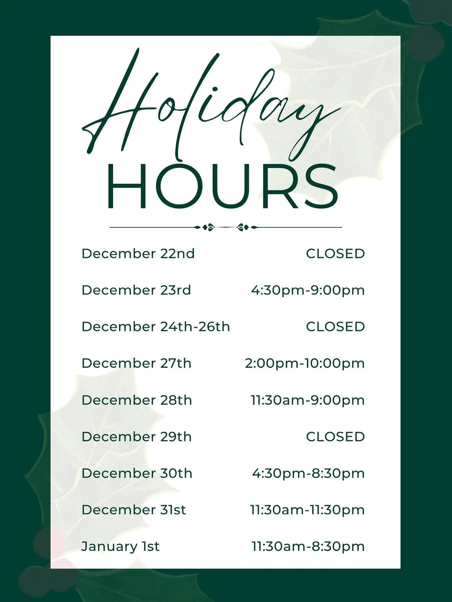 For those of you visiting over the Holidays 🤍 

Don&rsquo;t forget to book your spot online to be sure to snag a spot! 🎄