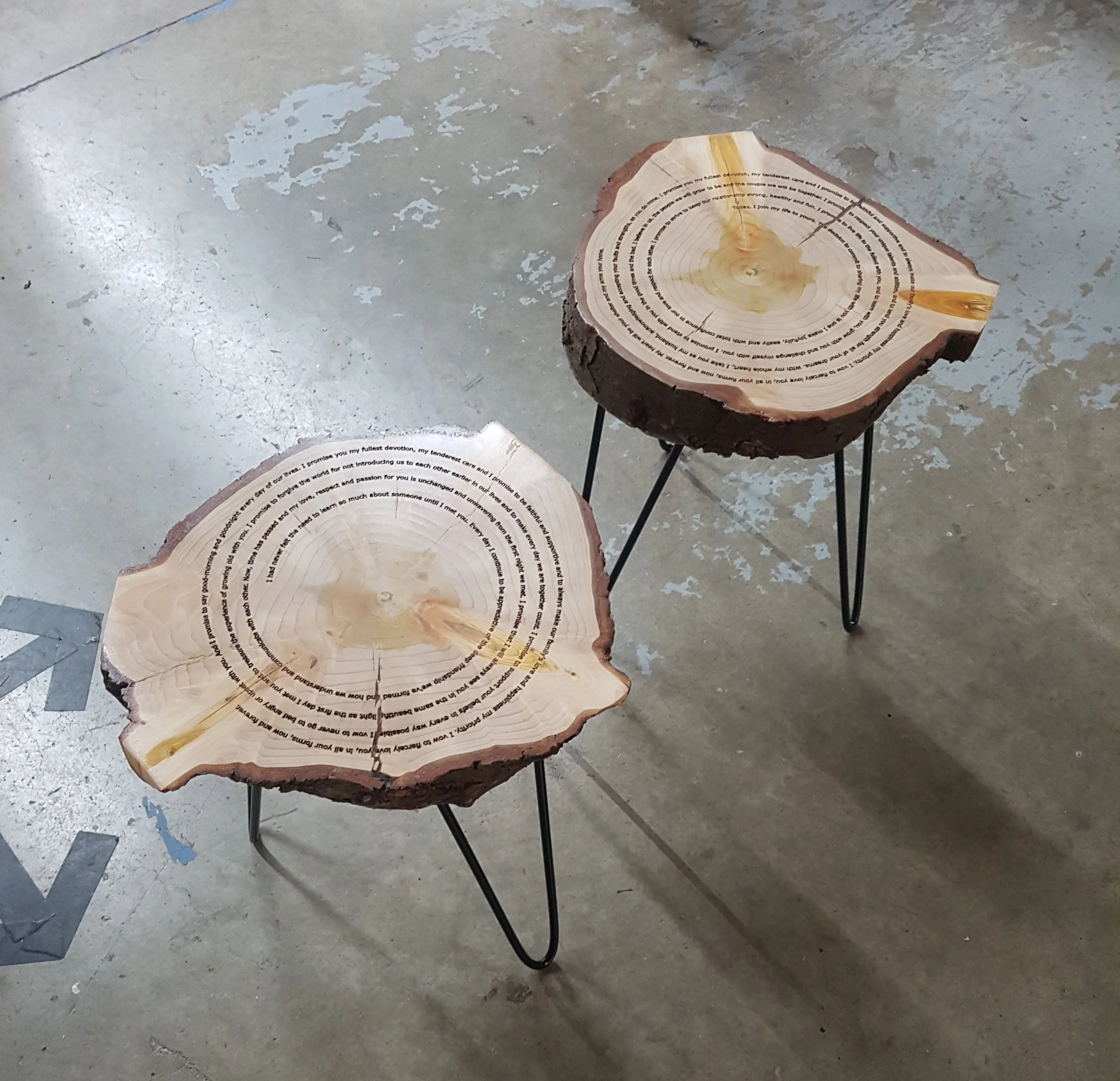 Live Edge Cookie Side Tables with Laser Engraving and Hairpin Legs