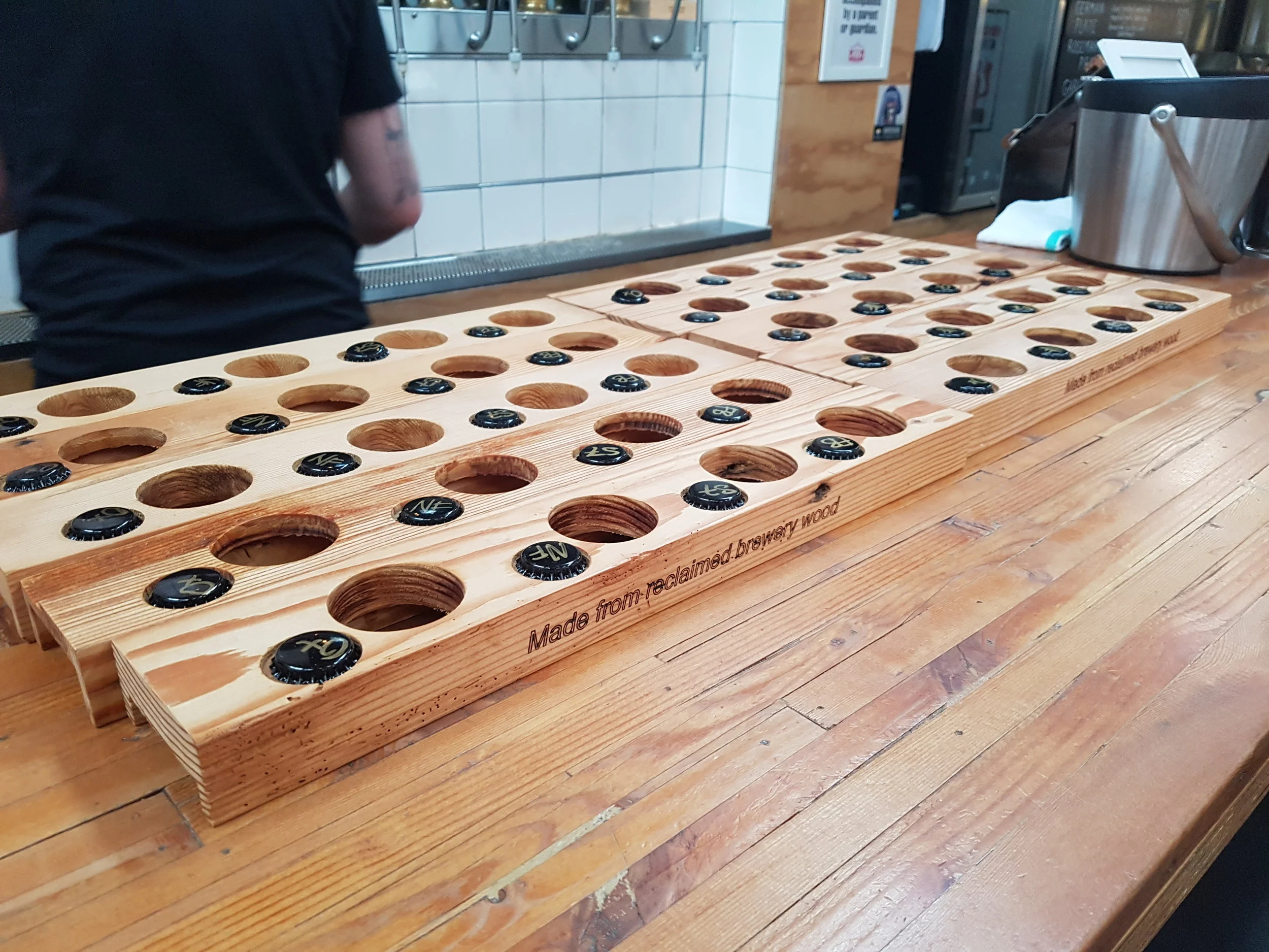 Beer Tasters with Branding. Reclaimed Fir. Main Street Brewing, Vancouver B.C