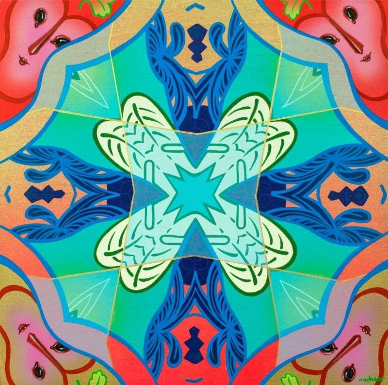 “Jacques Four” (acrylic, cel-vinyl, spray paint, gold sumi ink on wood, 12” x 12”) by Andrew Brandou