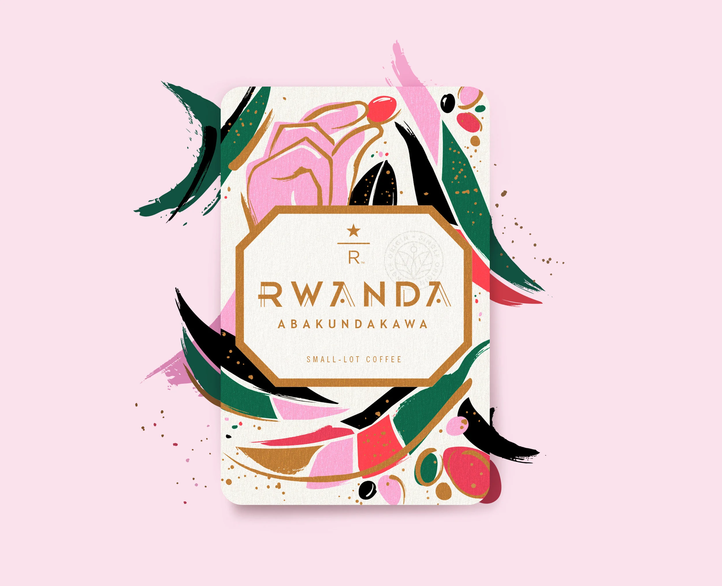   Farmer's Story   “We who love coffee.” This is the meaning of Abakundakawa, serving as a powerful mantra driving the farmers of this co-op to make their mark in Rwanda—and the coffee world at large. With a membership that’s nearly half women—a true rarity in the coffee world—this determined group lives up to its mission in various ways. Many of the women hold leadership roles, with their exemplary management culminating in award-winning coffees. From reinvesting income into school fees and community support to moving toward more sustainable processing methods, their pioneering ways produce a gorgeous coffee and an exceptional example.     Artist’s Story   I loved the visual of a farmer’s hand reaching for a ripe red coffee cherry. It is a labor of love that speaks to how Rwanda’s growth, infrastructure, and human healing – all things that once seemed impossible in the aftermath of the genocide – is now truly   within reach.   I wanted to use bright, uplifting colors like ruby and pink in combination with upward brush strokes to represent Rwanda’s impressive agricultural growth thanks to co-ops like Abakundakawa. 