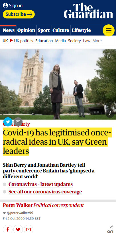Covid-19 has legitimised once-radical ideas in UK, say Green leaders