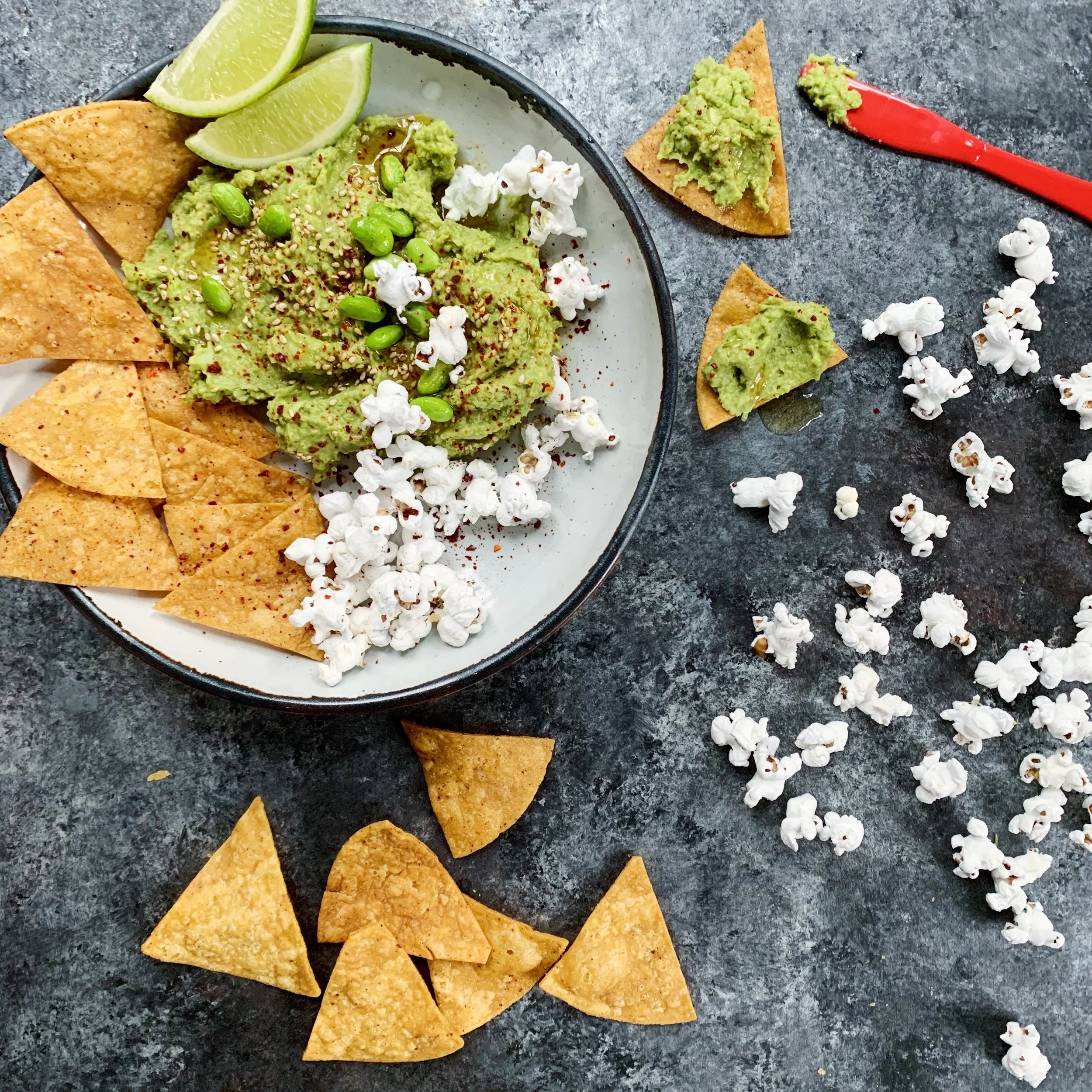 EDAMAME GUACAMOLE 1. Wrap 1 C frozen, shelled edamame in wet paper towels. Microwave 3 minutes. Set aside 2. In the bowl of a food processor, add cooked edamame + 1 ripe avocado + 2 scallions (white+light green parts) + juice of 1 lime (2 tbsp) + 2 …