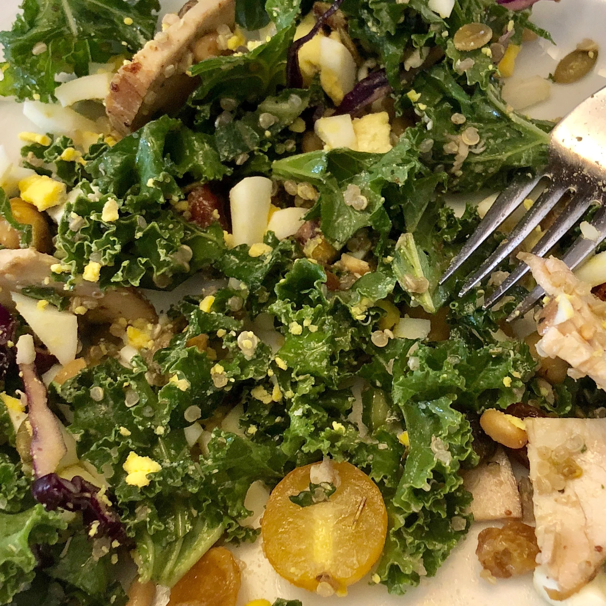 Kale, yellow cherry tomatoes, quinoa, organic chicken, mushrooms, red cabbage and a hard boiled egg, tossed in olive oil and lemon dressing.