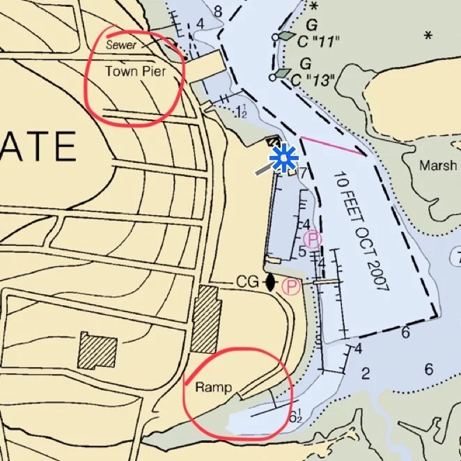 The "Ramp" is the private dock Lucian Rousseau Memorial Landing, where the Pamela-B and several other fishing vessels & skiffs tie up. The "Town Pier" is where bait is hoisted down to the boat in large barrels, and lobsters are hoisted up in large box-containers. The position of the boat (the blue icon) is at the fuel dock. The Pamela B holds 500 gallons of diesel.