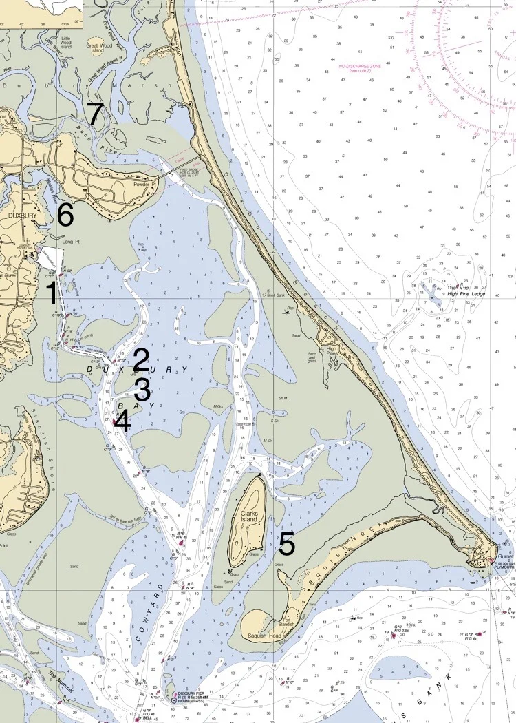 1 -Company headquarters, hatchery, and raw bar; 2 -Oysterplex; 3 -Island Creek oysters; 4 -Row 34 oysters; 5 -Aunt Dotty oysters; 6 -The town landing, where we off-load for market; 7 -The Back River where the baby oyster seed nursery is located