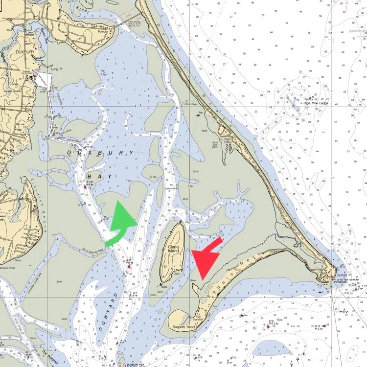 The green arrow points to the Hunts farm; The red arrow points to the Saquish farm @noaa.gov
