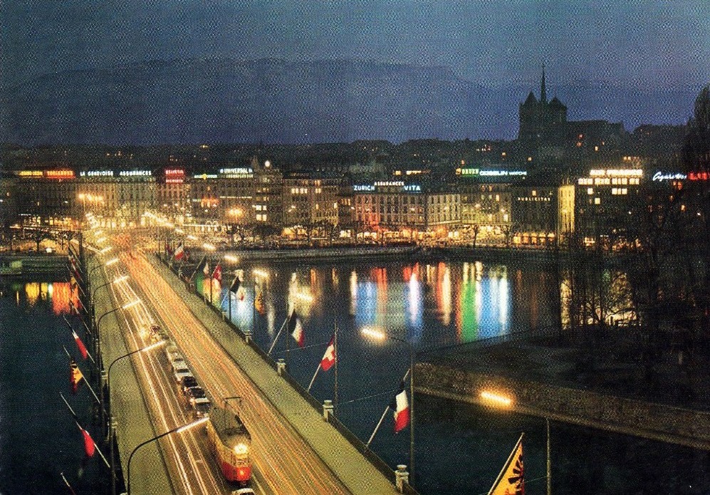 Vintage Postcard of Geneva with a view of the Mont Blanc Bridge and the Salève in the background by night