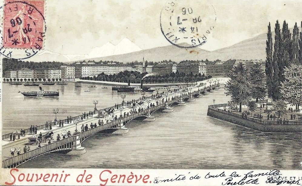 Vintage postcard of Geneva of the Ile de Rousseau and the Mont Blanc bridge and in the background the Salève and the Mont Blanc.