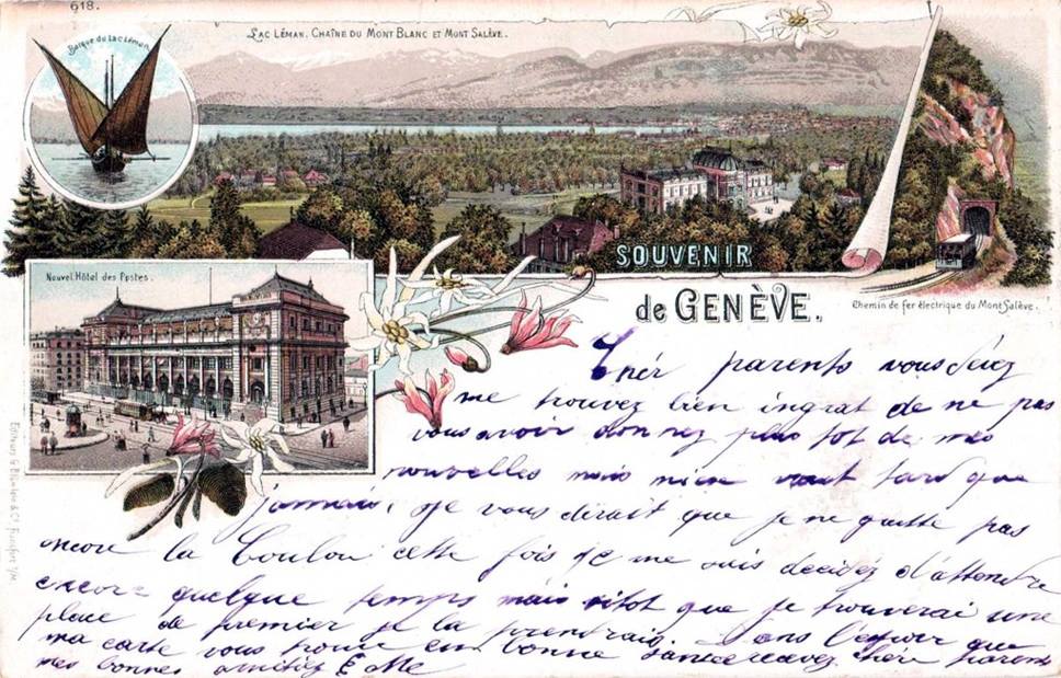 Vintage postcard of Geneva with hand-written text and hand-drawn view over Geneva and the Salève.