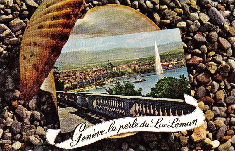 Vintage postcard of Geneva, La perle du Lac Léman with a small picture of view over Geneva and the Salève; inside a shell with the words Genève