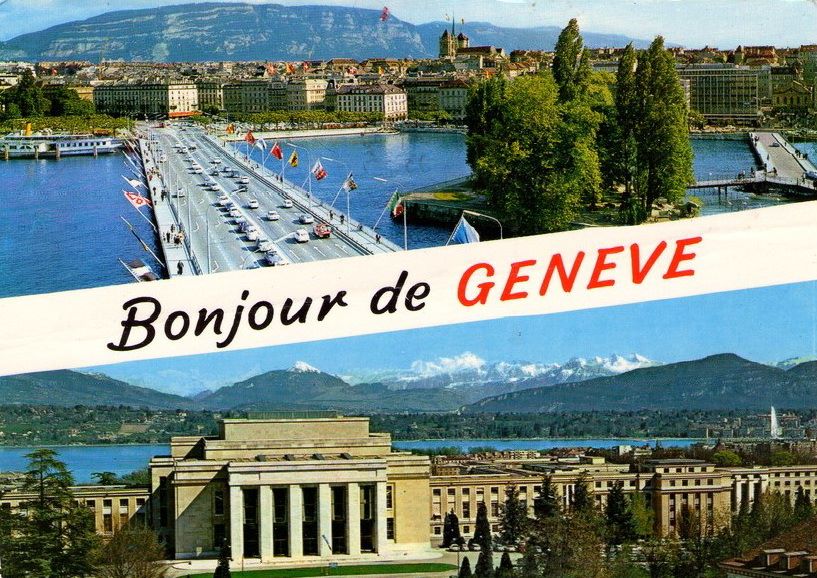 Vintage postcard of Geneva, Bonjour de Genève, with at the top a view of the Mont Blanc Bridge and the Salève and the bottom a view of the UN building and the Mont Blanc.