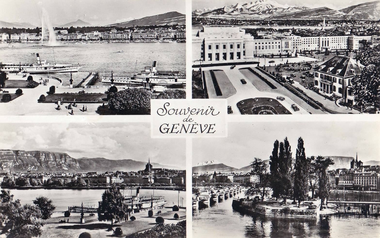 Vintage postcard of Geneva with 4 black-and-white drawings of Geneva landmarks including the Salève.