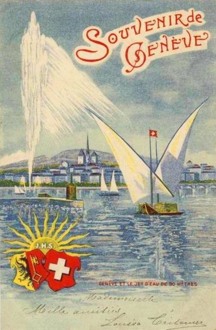 Vintage postcard of Geneva, Souvenir de Genève, with a hand-drawn view of a sail boat on Lac Léman, the Jet d’Eau and the Salève.