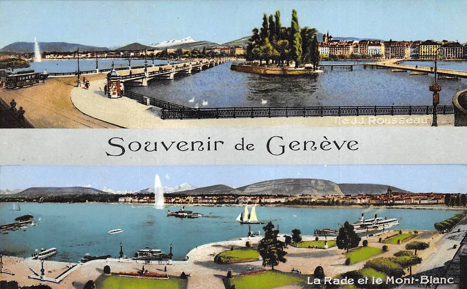 Vintage postcard of Geneva, Souvenir de Genève, with at the top a view of the Mont Blanc bridge and Ile de Rousseau and at the bottom a view of Lac Léman, the Jet d’Eau and the Salève.