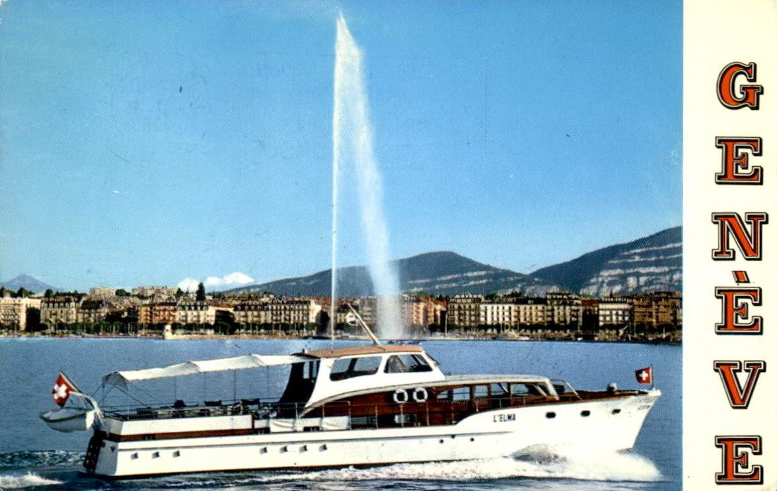 Vintage postcard of Geneva with the view of a navette, the Jet d’Eau and the Salève.