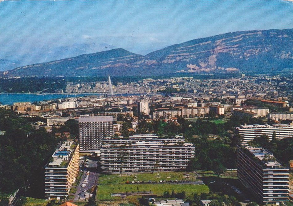 Vintage postcard of Geneva with an aerial view over Geneva and the Salève.