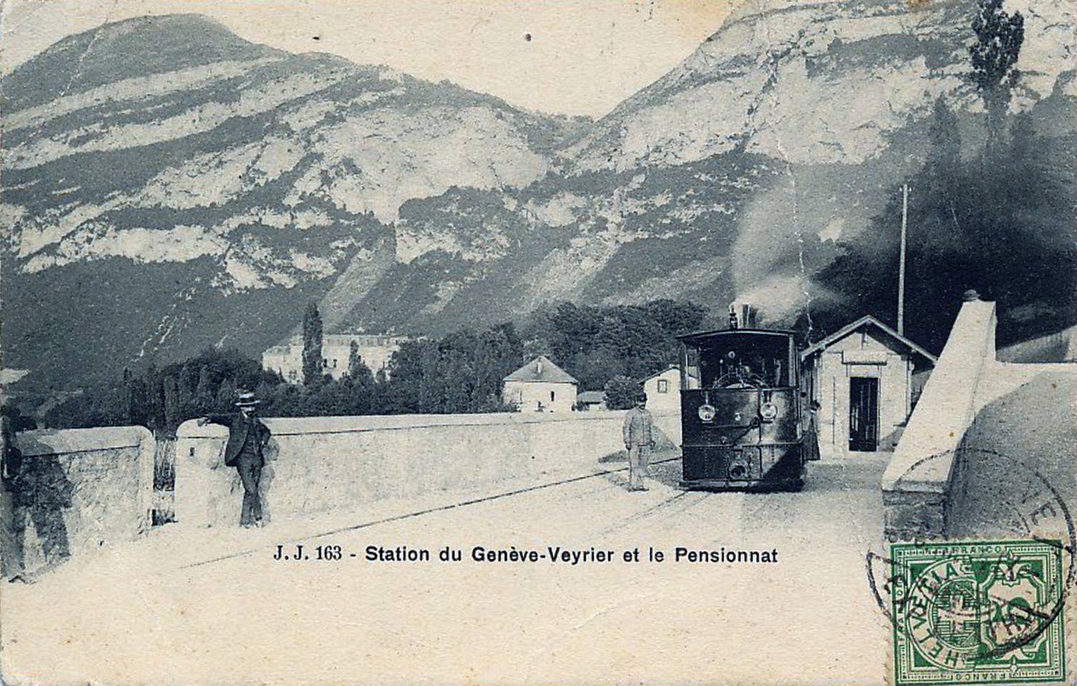 Vintage postcard of Geneva with a view of the Veyrier station of the Chemin de Fer du Salève.