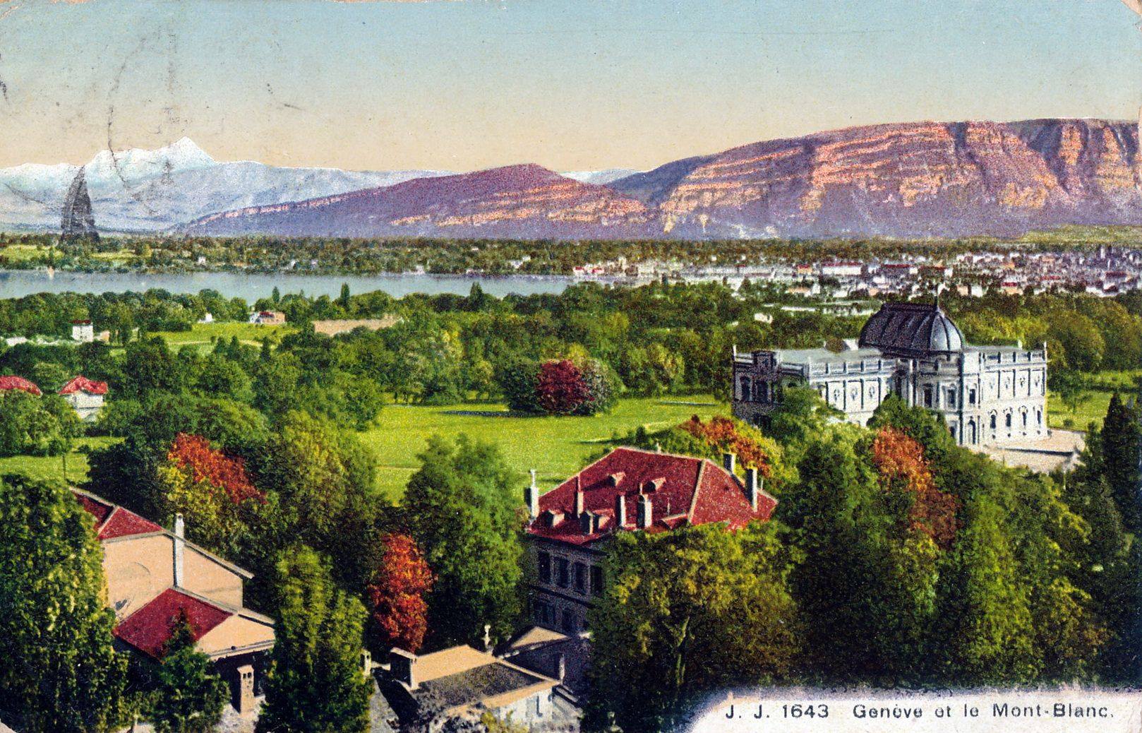 Vintage postcard of Geneva with a hand-drawn over Genève, the Salève and the Mont Blanc.