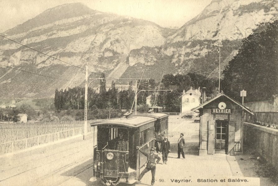 Vintage postcard of Geneva with a view of the Veyrier station of the Chemin de Fer du Salève.